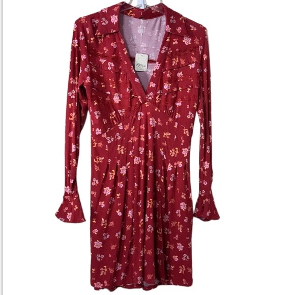 Free People Red Floral Good Days Long Sleeve Minidress Size Small - Picture 8 of 9